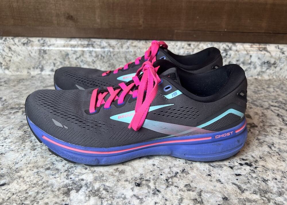 Brooks Ghost 15 Running Shoes Womens 9B Black Pink Purple Teal 1203801B079